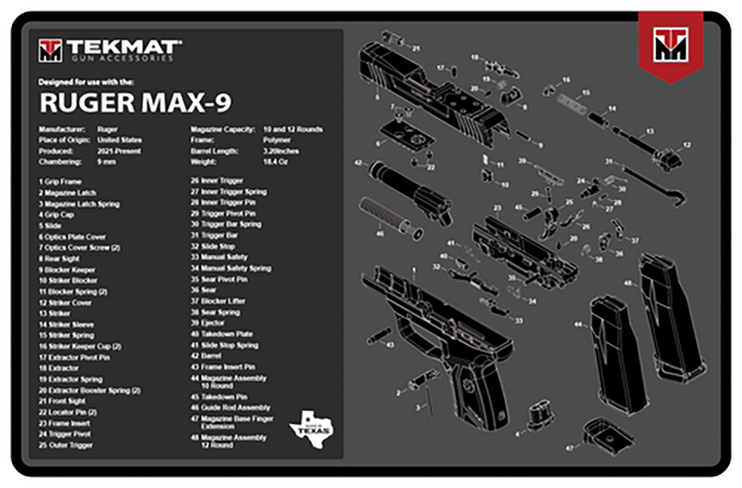 TekMat TEKR17RUGERMAX9 Ruger Max 9 Cleaning Mat Black/White Rubber 11" X 17"