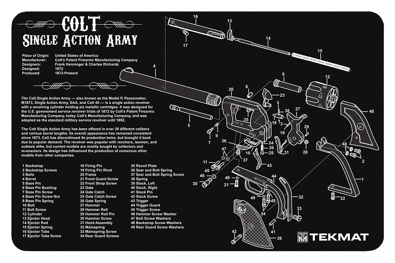 TekMat TEKR17SAA Colt Revolver Army Cleaning Mat Black/White Rubber 11" X 17"