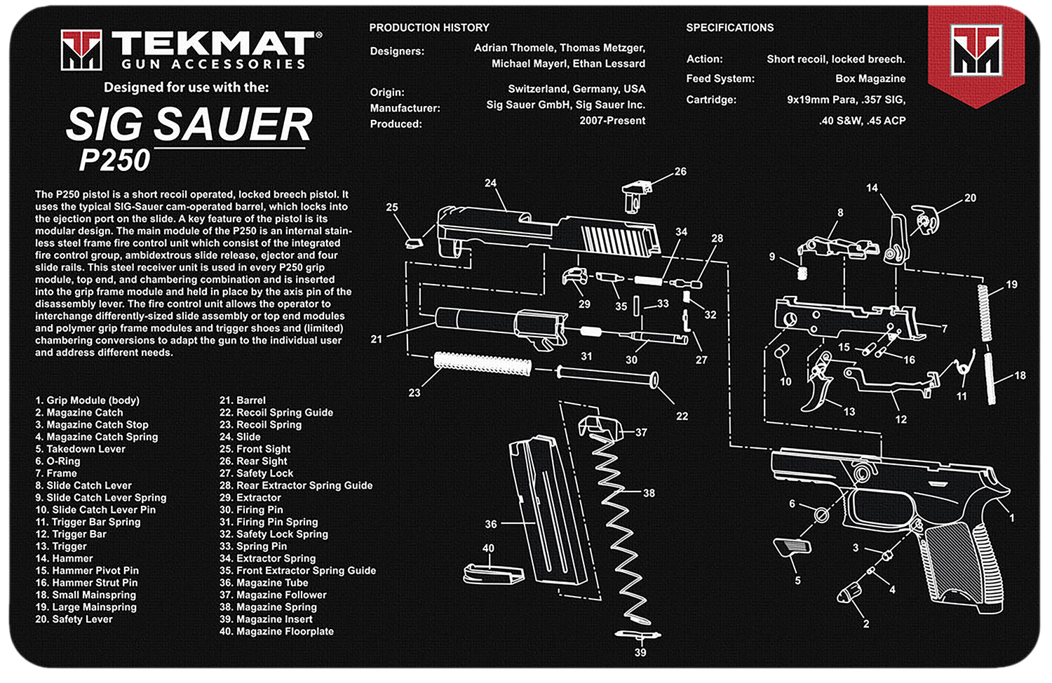 TekMat TEKR17SIGP250 Sig Sauer P250 Cleaning Mat Black/White Rubber 11"x17" Sig Sauer P250 Parts Diagram