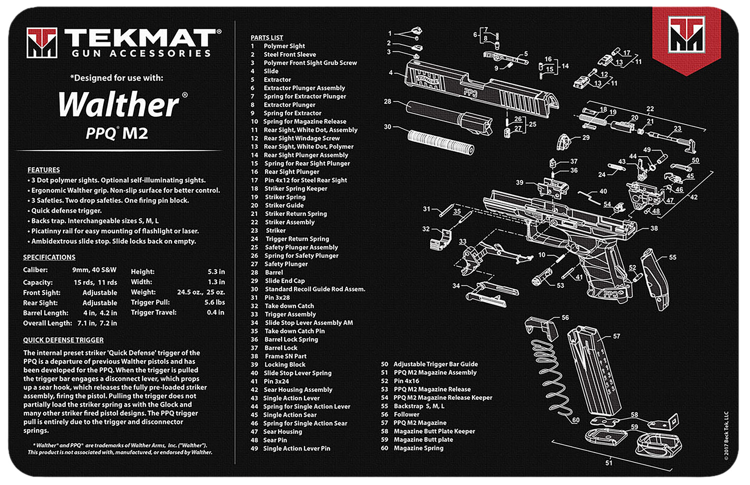 TekMat TEKR17WALPPQM2 Walther PPQ Mod 2 Cleaning Mat Black/White Rubber 11" X 17"