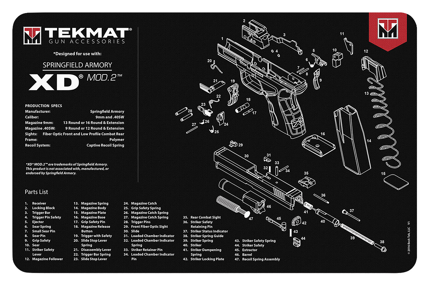 TekMat TEKR17XDMOD2 Springfield Armory XD Mod 2 Cleaning Mat Black/White Rubber 11" X 17"