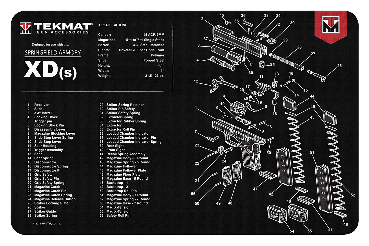 TekMat TEKR17XDS Springfield Armory XDs Cleaning Mat Black/White Rubber 11" X 17"