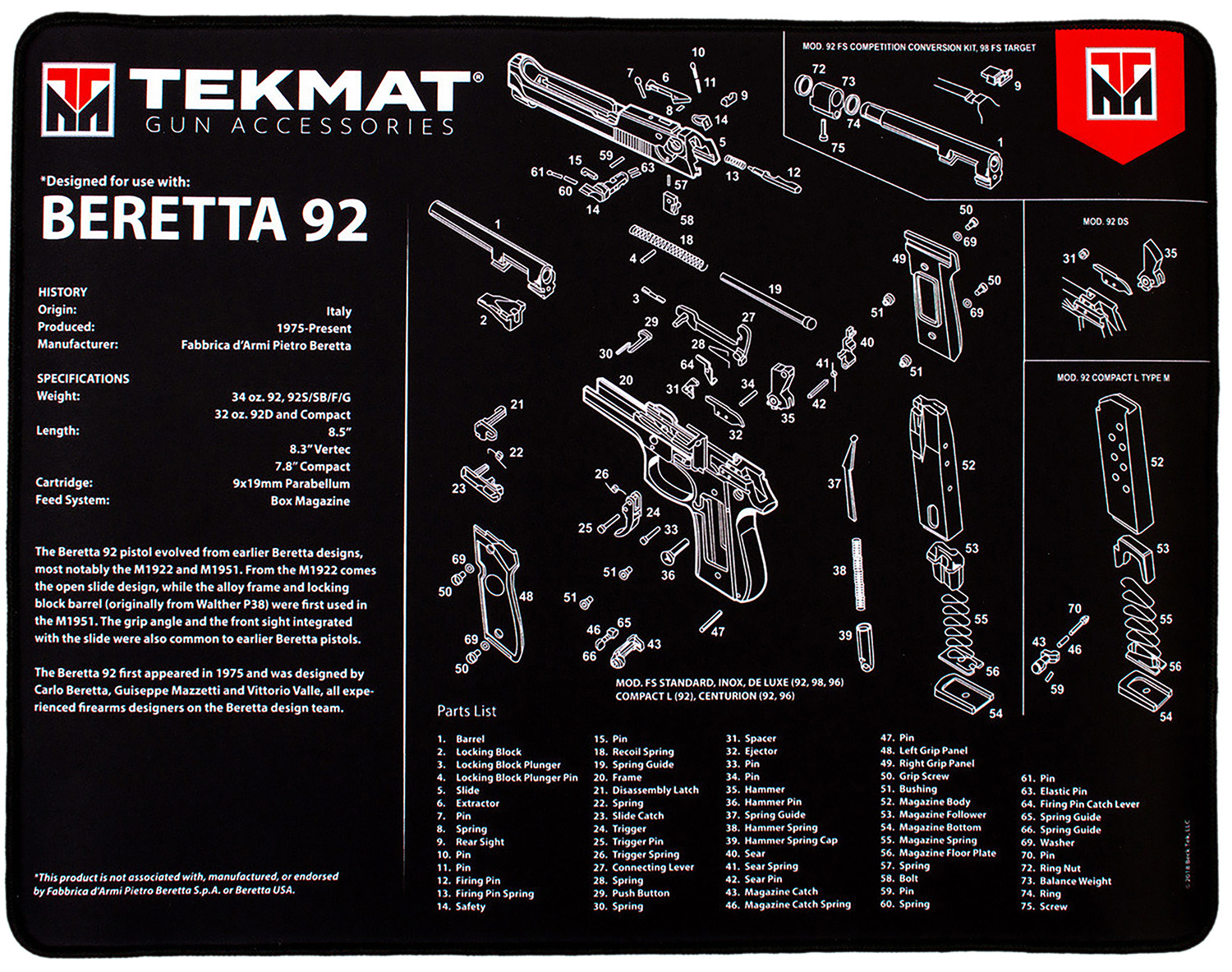 TekMat TEKR20Ber92 Beretta 92 Ultra 20 Cleaning Mat Black/White Rubber 15" X 20"