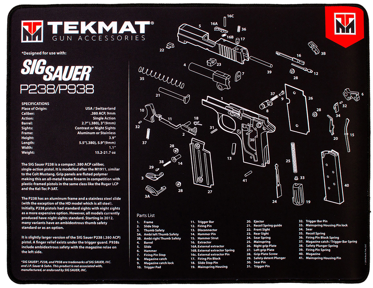 TekMat TEKR20SIGP238 Sig Sauer P238 Ultra 20 Cleaning Mat Black-White Ru...