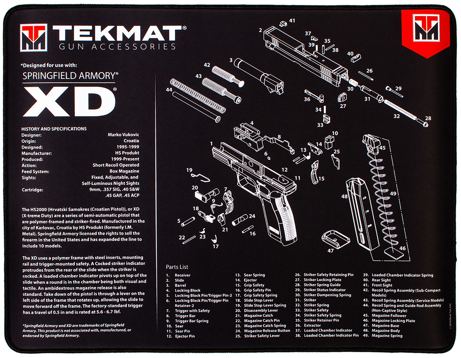 TekMat Ultra Premium Springfield Armory XD Gun Cleaning Mat - 20x15 inch, Black/White, Thick Padding, Stitched Edge