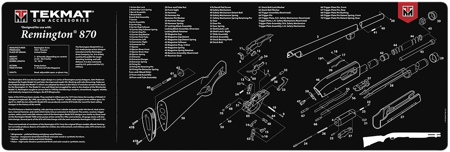 TekMat TEKR36Rem870 Remington 870 Cleaning Mat Black/White Rubber 12" X 36"