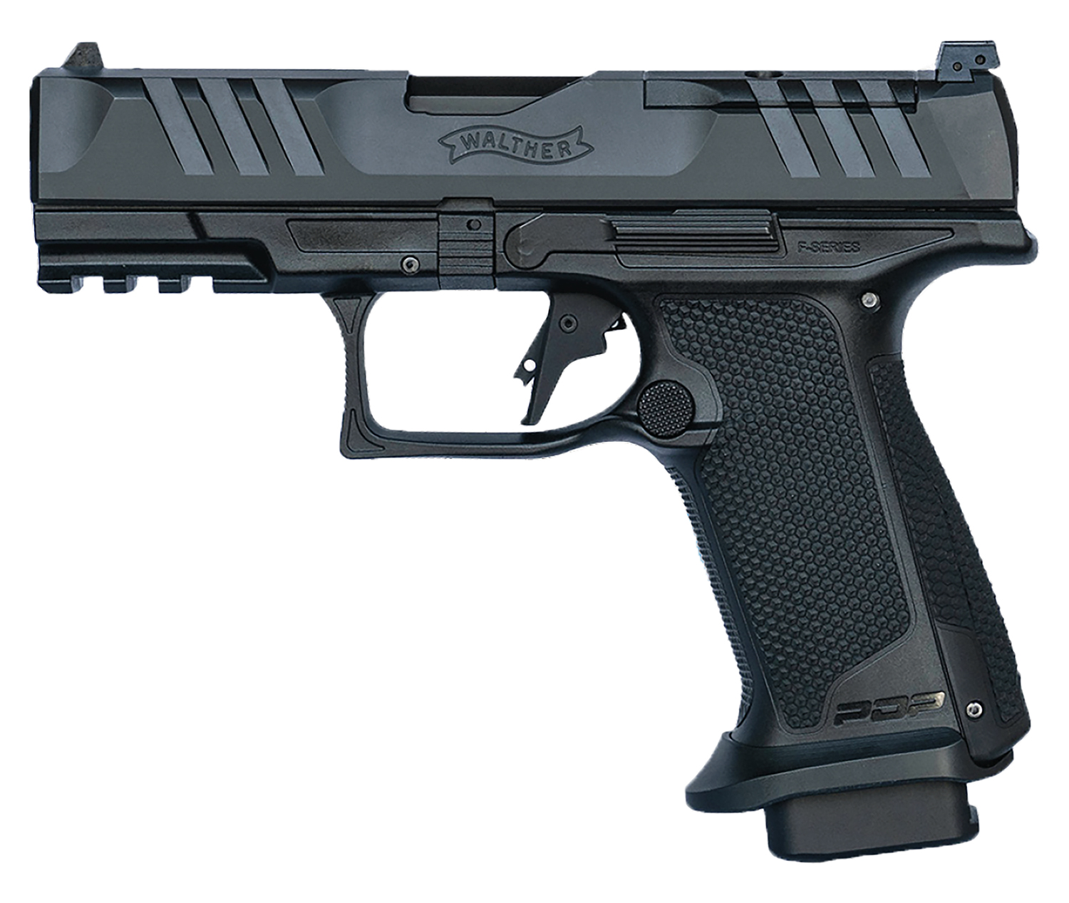 Walther Arms 4797055 PDP F-Series Pro E 9mm Luger 18+1 4" Black Steel Barrel, Black Optic Ready/Serrated Steel Slide, Black Polymer Frame w/Picatinny Rail, Interchangeable Backstrap Grip