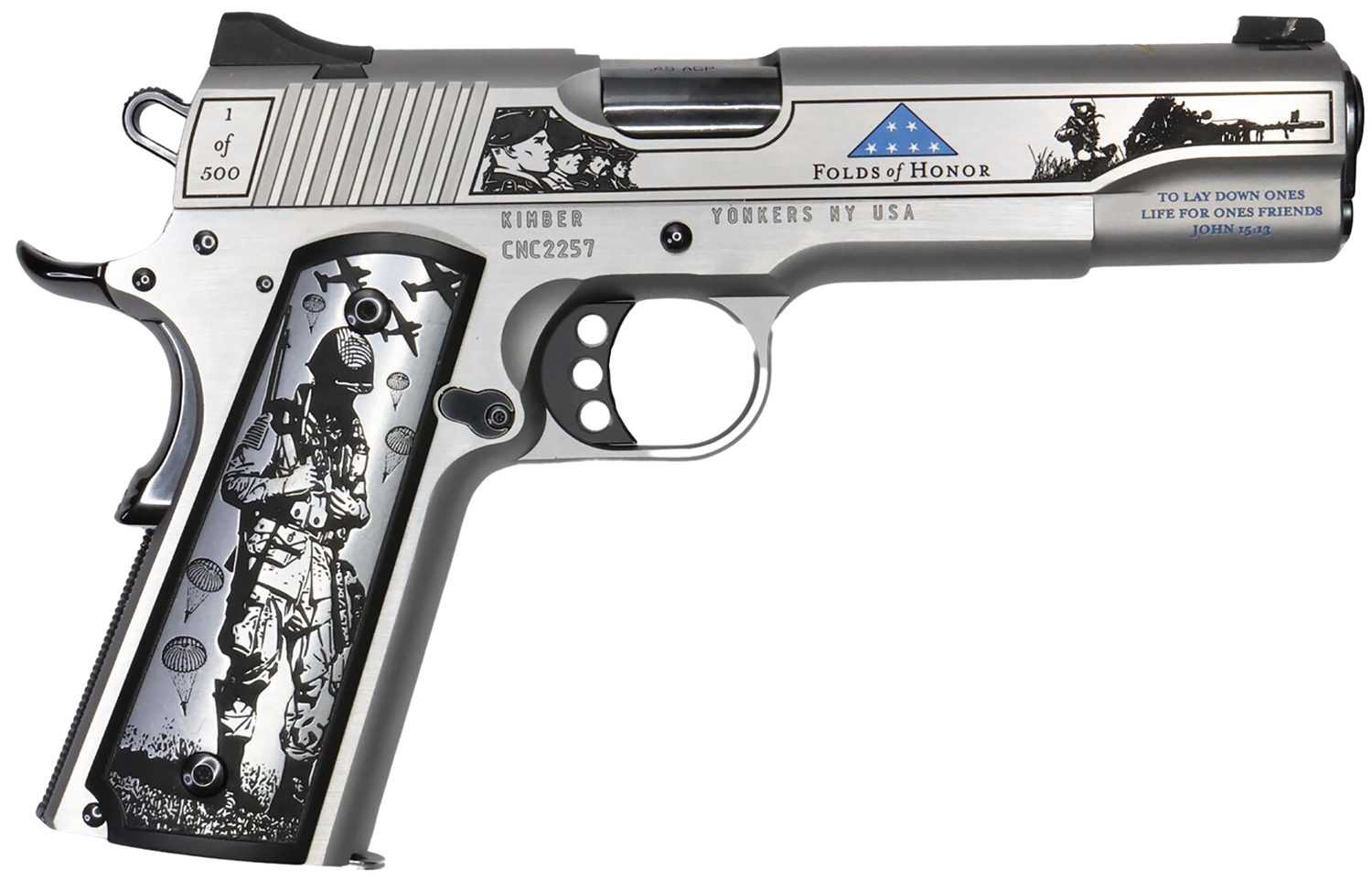 Cnc Firearms CNCFOLDSHONOR Folds Of Honor Limited Edition 45 ACP 7+1 5" Match Grade Barrel, Engraved/Serrated Stainless Steel Slide, Stainless Steel Frame w/Beavertail, Scenic Aluminum Grip