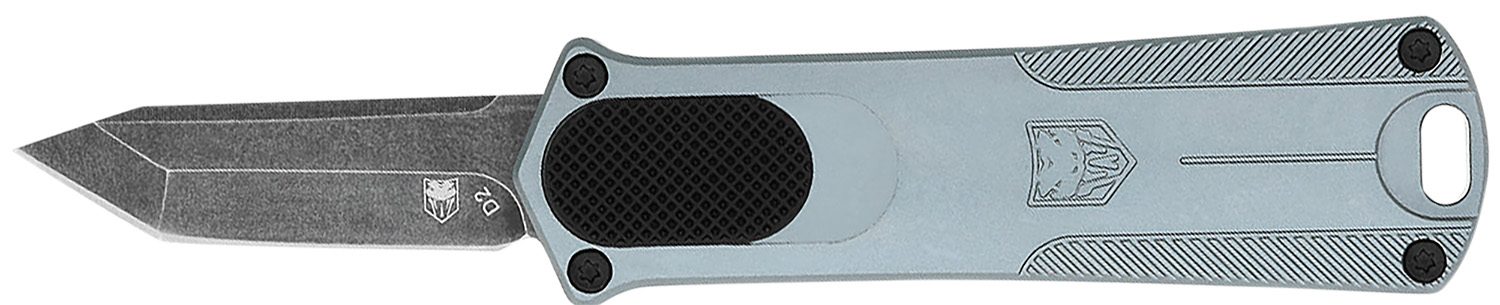CobraTec Knives CALI952GRYTNS California 952 *CA Compliant 1.75" OTF Tanto Plain Black Stonewashed D2 Steel Blade, 3" Gray Anodized Aluminum Handle