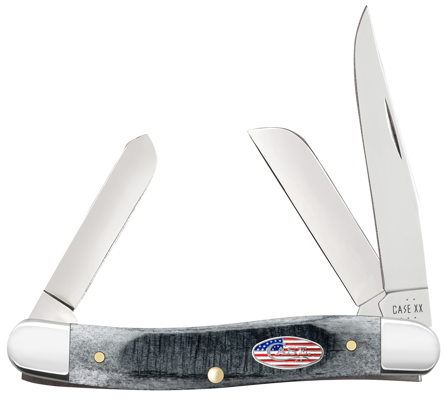 Case 53061 Stockman Stars & Stripes Medium 2.57/1.88/1.71 Folding Clip Point/Pen/Sheepsfoot Plain Mirror Polished Tru-Sharp SS Blade, Sawcut Jig Gray Bone Handle, American Flag Shield