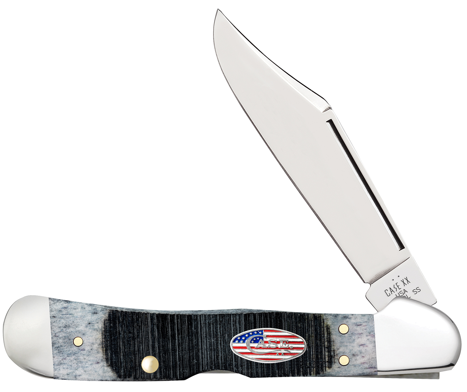 Case 53063 CopperLock Stars & Stripes 2.99 Folding Wharncliffe Plain Mirror Polished Tru-Sharp SS Blade, Sawcut Jig Gray Bone Handle, American Flag Shield