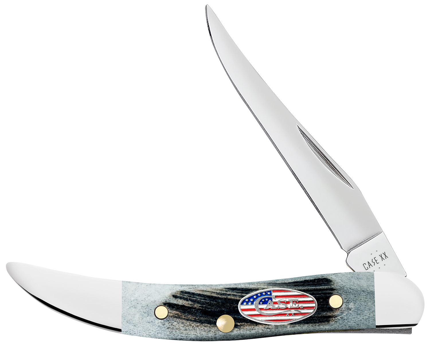 Case 53064 Texas Toothpick Stars & Stripes Small 2.25 Folding Clip Point Plain Mirror Polished Tru-Sharp SS Blade, Jigged Gray Bone Handle, American Flag Shield