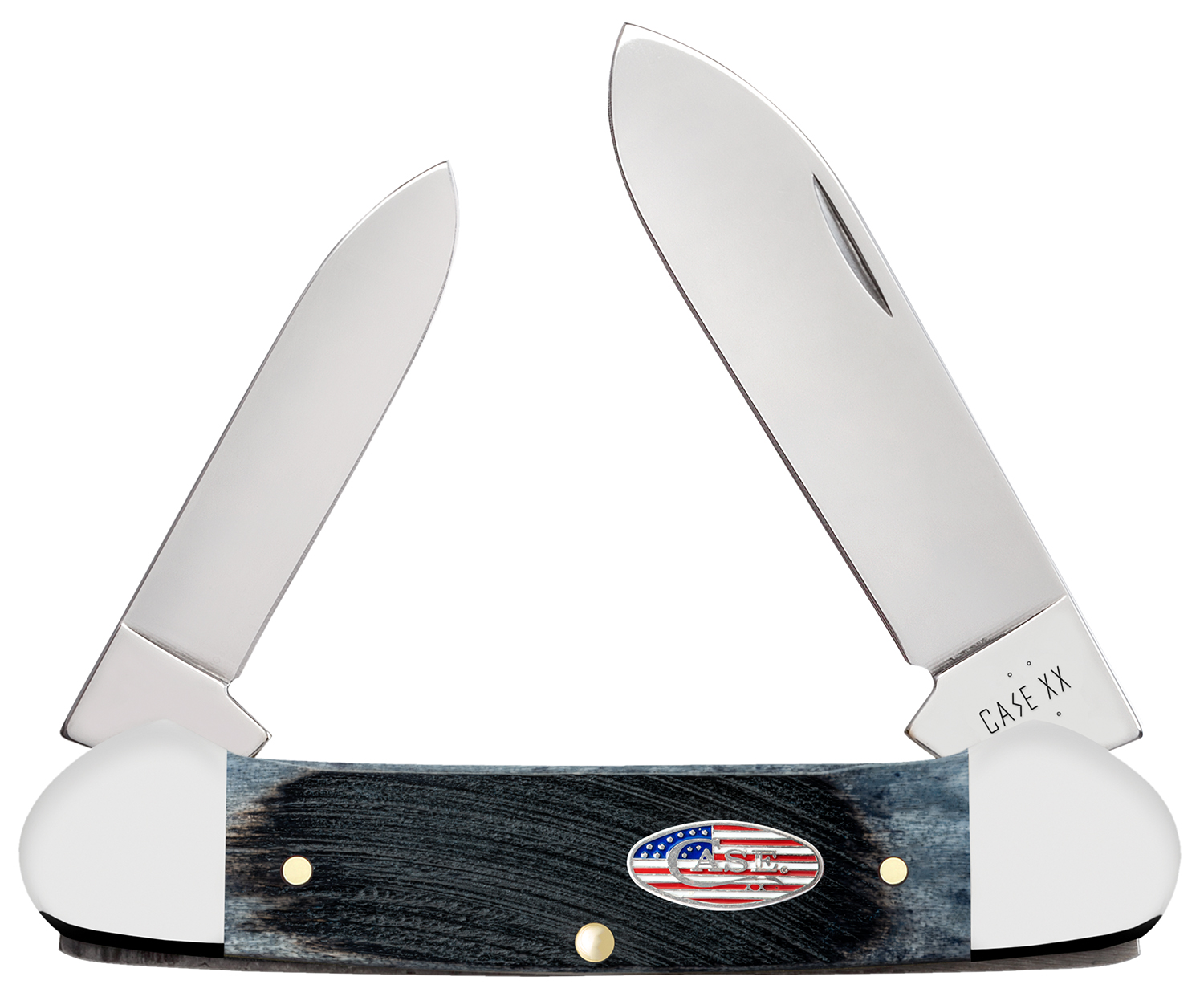 Case 53065 Canoe Stars & Stripes Folding Plain Edge 1.97 Pen/2.60 Spear Point, Mirror Polished Stainless Steel Blade, Jigged Gray Bone Handle, American Flag Shield