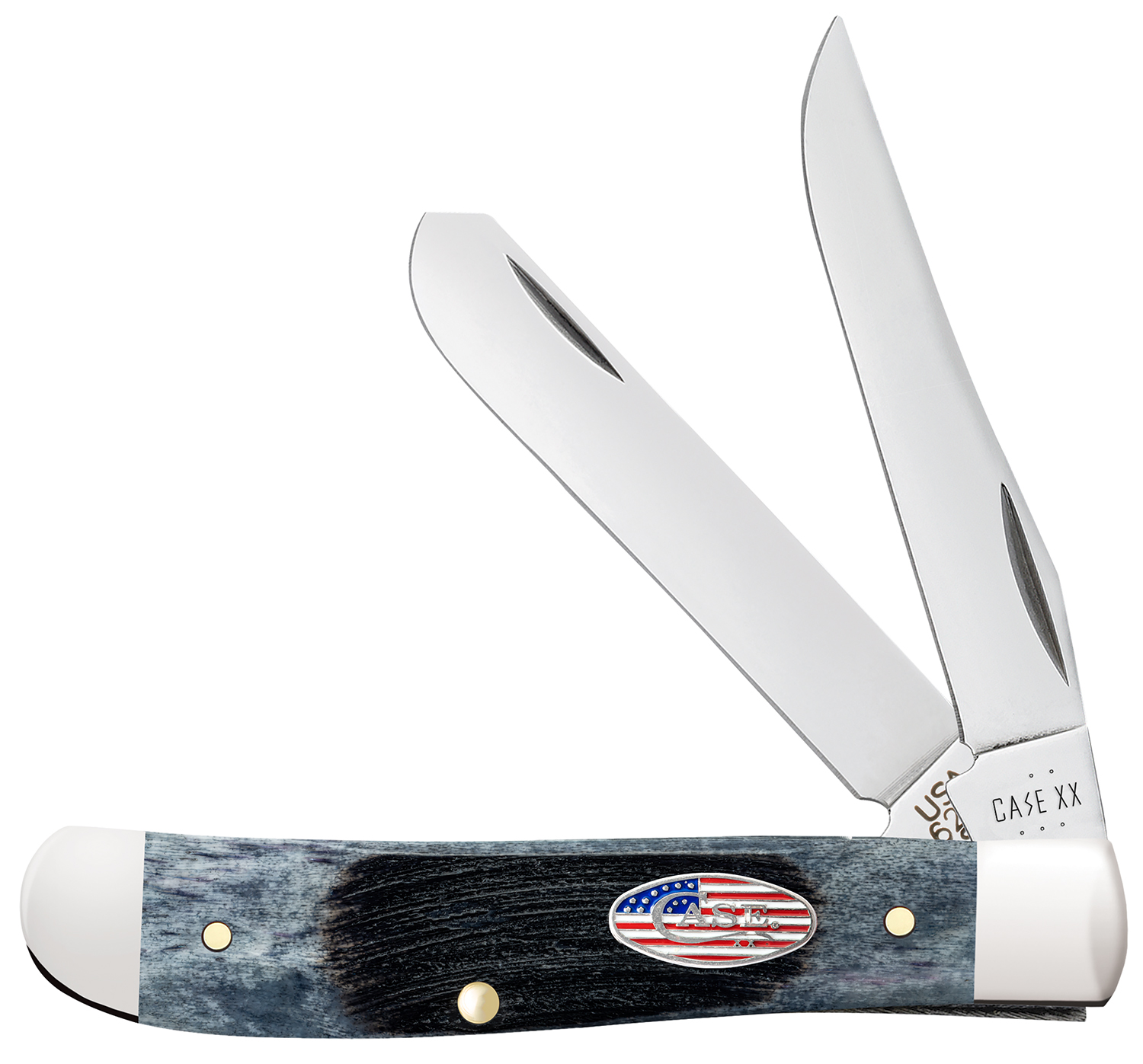 Case 53066 Trapper Stars & Stripes Mini Folding Plain Edge 2.70 Clip Point/2.80 Spey,  Mirror Polished Carbon Steel Blade, Jigged Gray Bone Handle, American Flag Shield