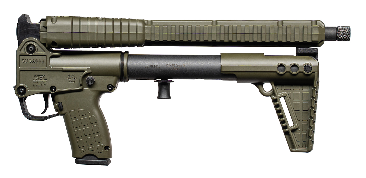 Kel-Tec SUB-2000 10mm OD Green Folding Carbine - Superb Rugged 15+1 Glock 20 3 Kel-Tec SUB-2000 10mm carbine in OD Green shown folded in half