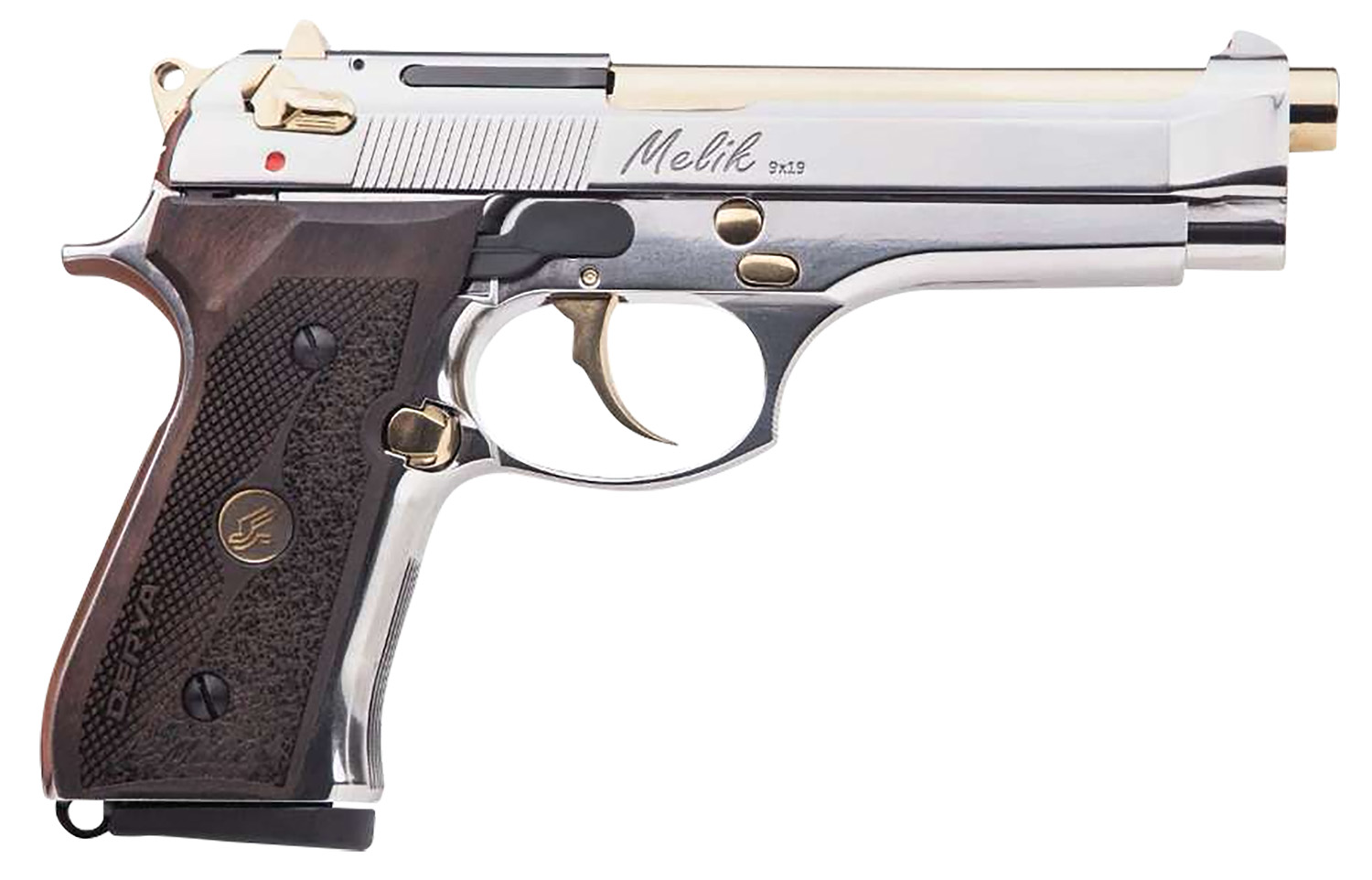 Derya Firearms 15L.MELIK9.NG.TR Melik  9mm Luger 15+1 4.90" Gold TiN Steel Barrel, Black Melonite Serrated Steel Slide,  Black Aluminum Frame, Black Polymer Grip
