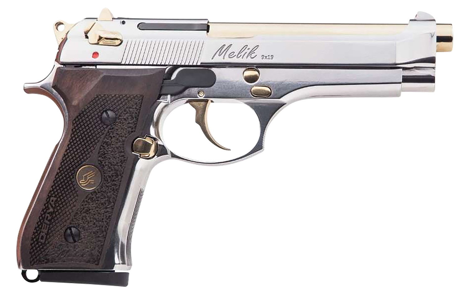 Derya Firearms 10L.MELIK9.NG.TR Melik  9mm Luger 10+1 4.90" Gold TiN Steel Barrel, Black Melonite Serrated Steel Slide,  Black Aluminum Frame, Black Polymer Grip