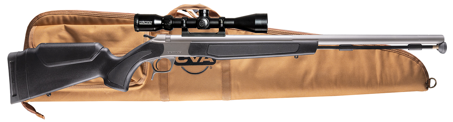 CVA PR2050SSCP Optima Scope Package 50 Cal 26 Stainless Fluted Barrel, Drilled & Tapped Stainless Steel Receiver, Fixed Black Synthetic Stock, Konus 3-9x40mm BDC, Rifle Case, Aerolite Bullets