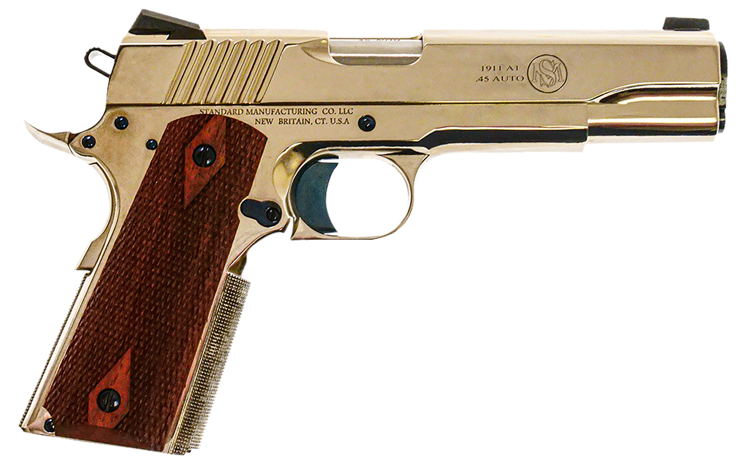 Standard Mfg  1911 Standard Full Size Frame 45 ACP 7+1 5" Stainless Match Grade Barrel, Nickel Steel Serrated Slide, Nickel Steel Frame w/Beavertail, Walnut Double Diamond Grip