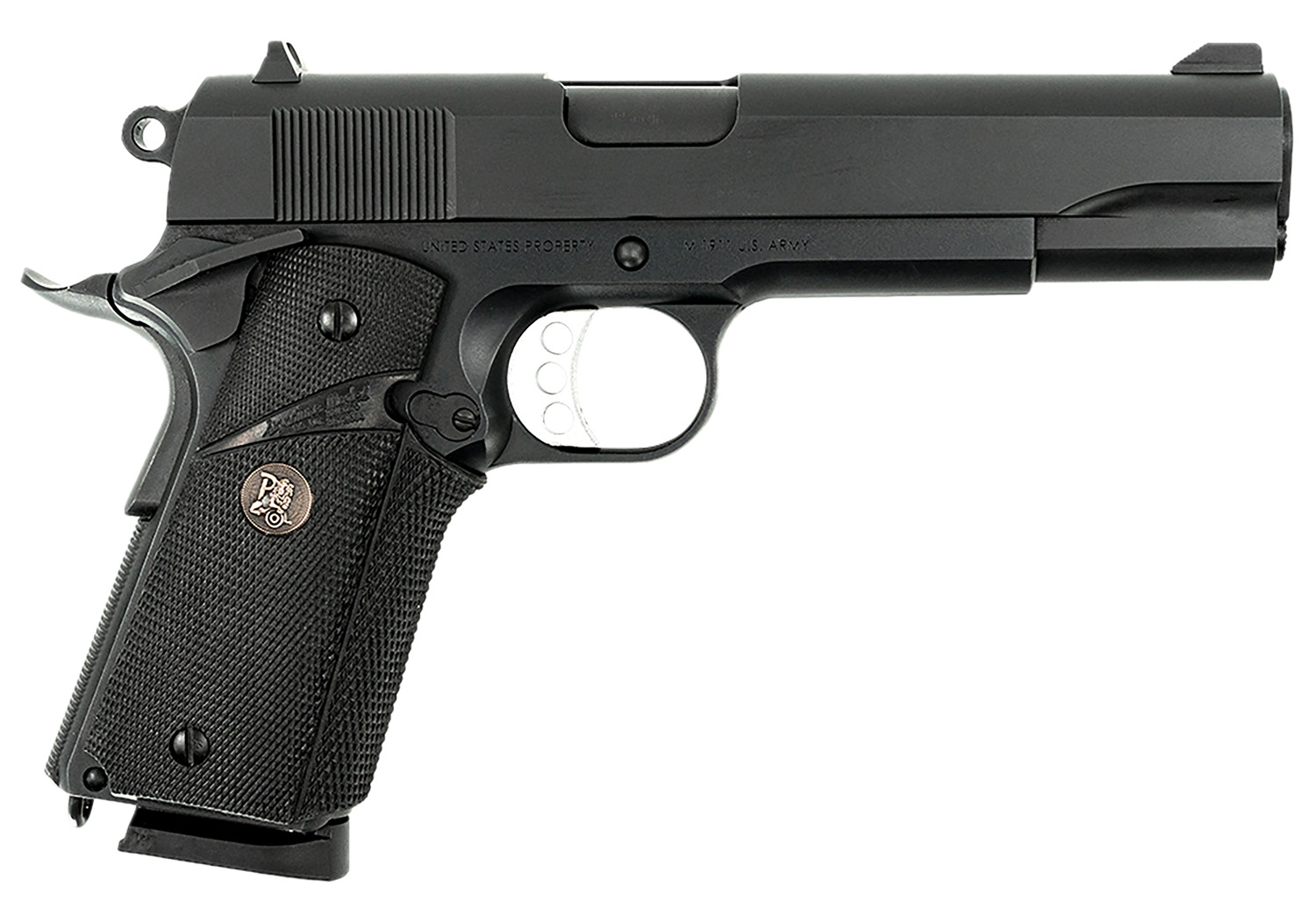 MAC 10100575 1911 Meusoc Full Size Frame 45 ACP 8+1 5" Black Target Crown Barrel, QPQ Tenifer Cerakote Steel Serrated Slide, QPQ Tenifer Cerakote Steel Frame w/Beavertail, Black Pachmayr Grip