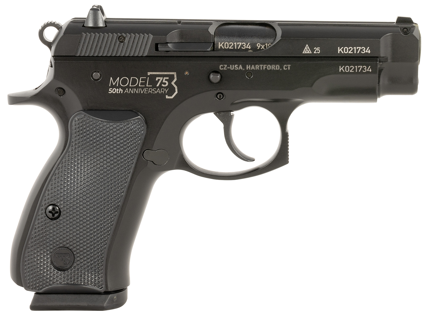 CZ-USA 01144 CZ 75 Compact 50th Anniversary 9mm Luger 10+1 3.75" Black Steel Barrel & Serrated Slide, Black Polycoat Steel Frame w/Beavertail, Black Plastic Grip, Right Hand