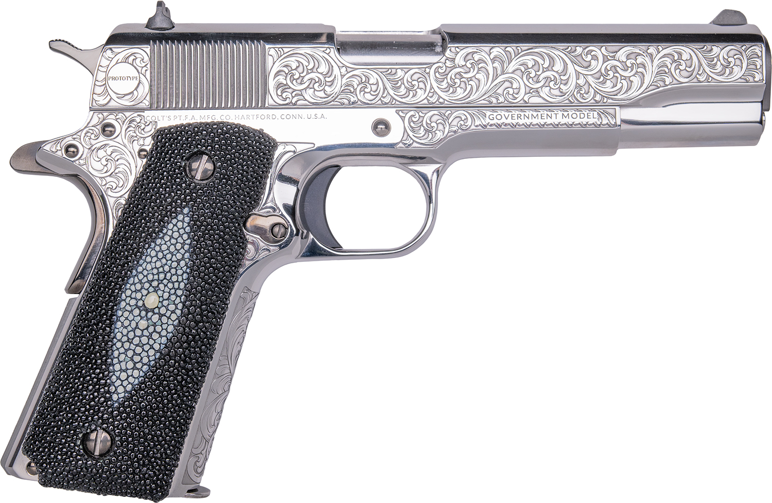 Cnc Firearms CNCTUX38 Colt 1911 Tuxedo 38 Super 9+1 5" Stainless Steel Barrel, High Polished w/Black DLC Engraving Stainless Steel Serrated Slide & Frame, Stingray Grip