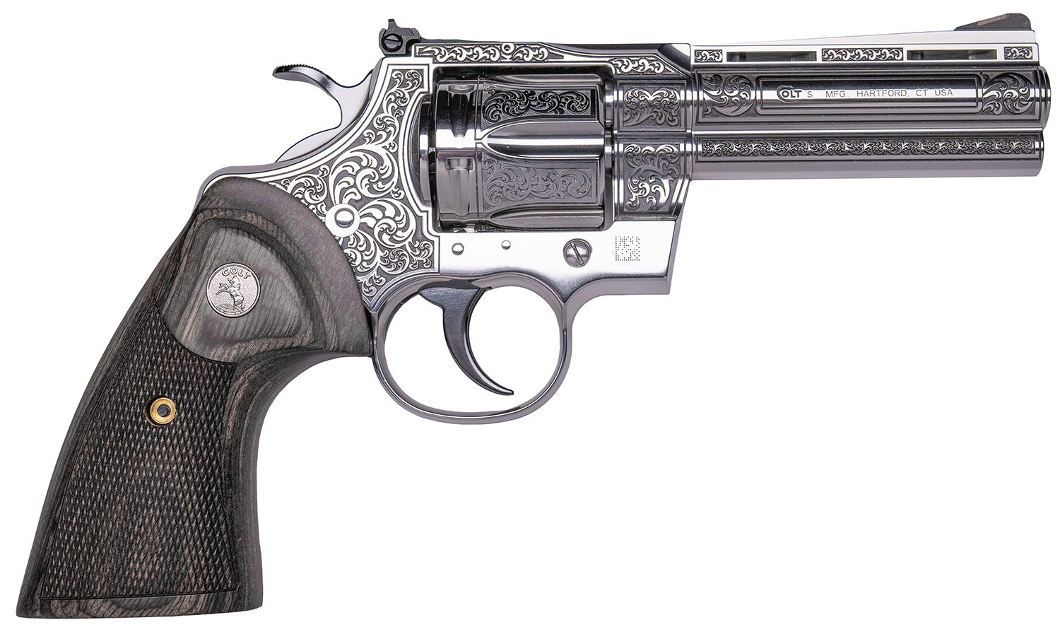Cnc Firearms CNCPYNRES4 Colt Python Renaissance 357 Mag 6 Shot 4.25" Stainless Engraved Barrel, Cylinder & Frame, Walnut Grip