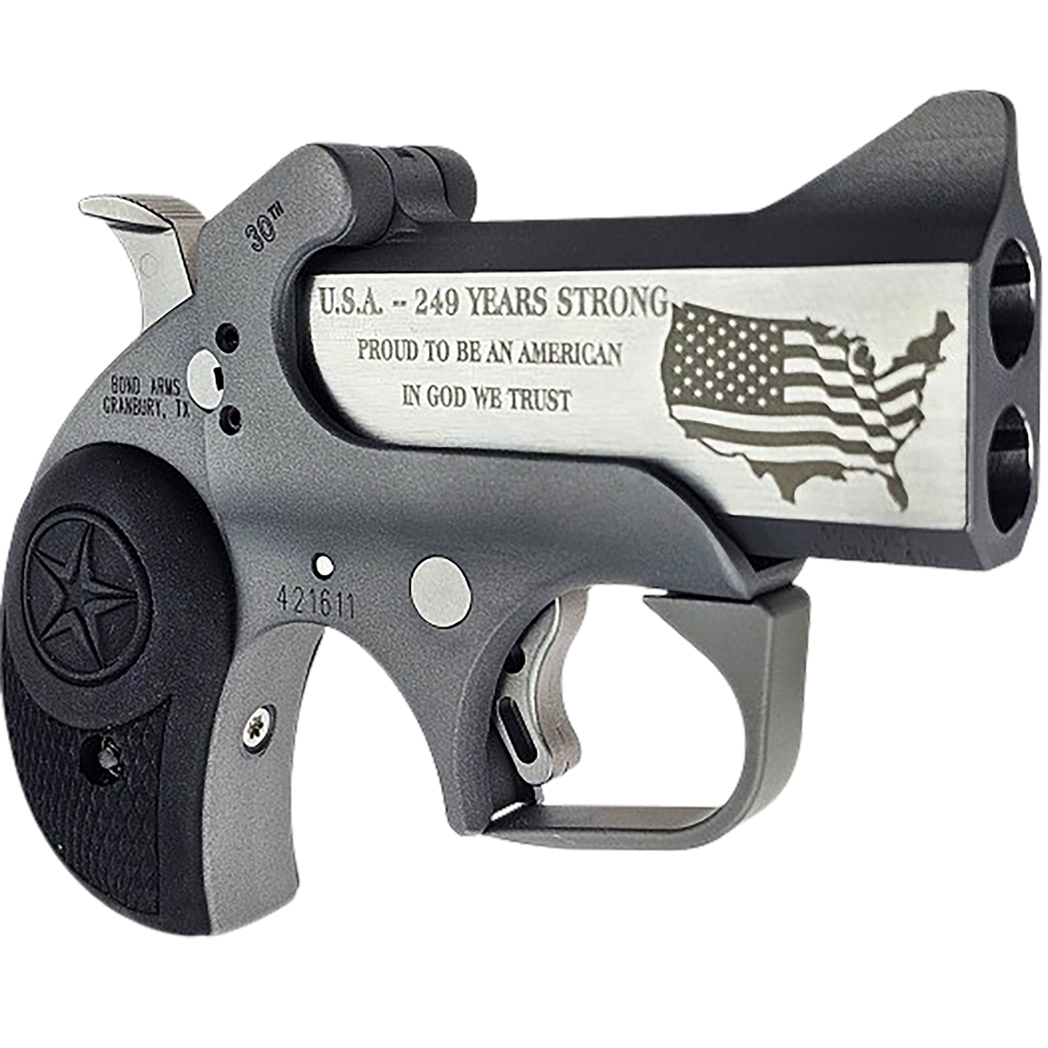 Bond Arms BA30TH-45LC/410 30th Anniversary  45 Colt (Long Colt)/410 Gauge 2 Shot 3" Engraved Matte Stainless Steel Barrel & Rough Matte Stainless Steel Frame, Black Rubber Grips