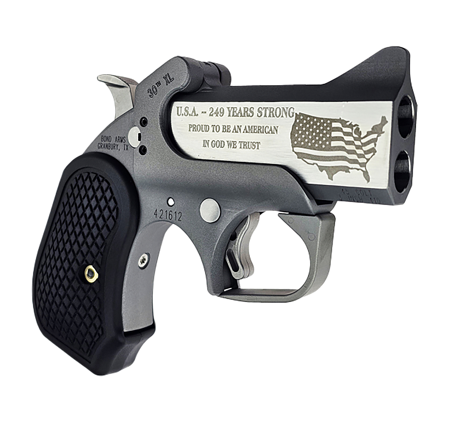 Bond Arms BA30THXL-45LC/410 30th Anniversary XL 45 Colt (Long Colt)/410 Gauge 2 Shot 3" Engraved Matte Stainless Steel Barrel & Rough Matte Stainless Steel Frame, Black Extended B6 Resin Grips