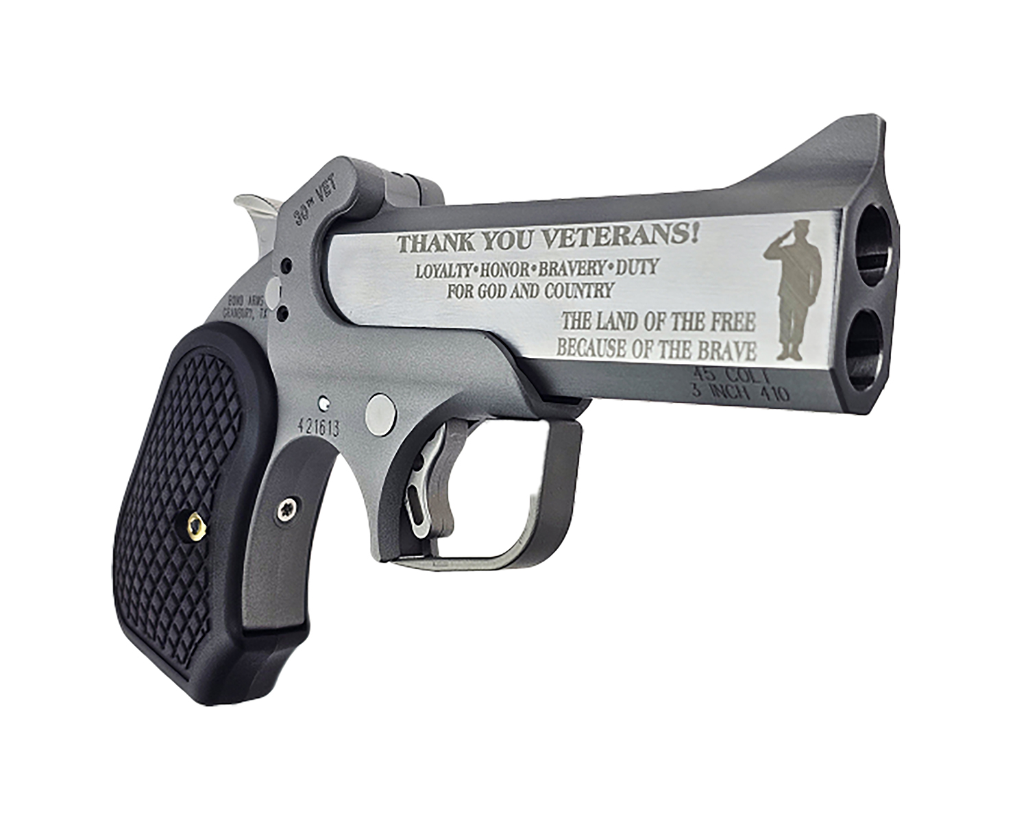 Bond Arms BA30THVET-45LC/410 30th Vet  45 Colt (Long Colt)/410 Gauge 2 Shot 4.25" Engraved Rough Matte Stainless Steel Barrel & Frame, Black Rubber Grip
