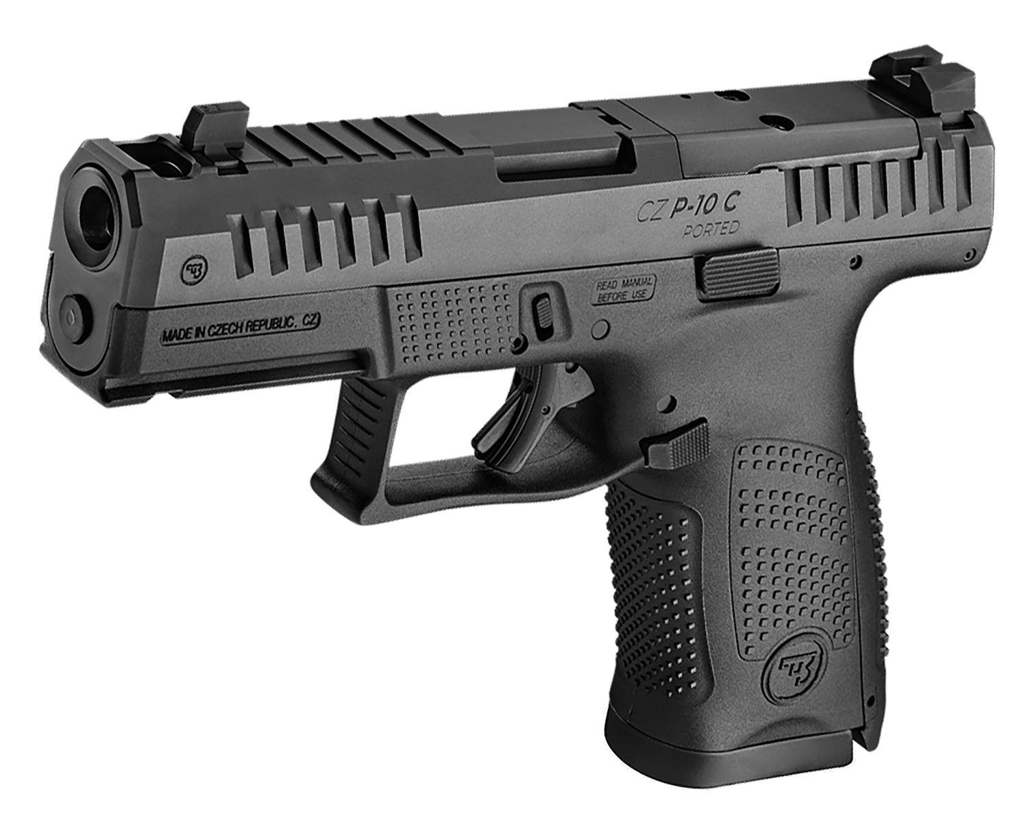 CZ-USA 01578 P-10 C  Compact Frame 9mm Luger 10+1 4.02" Black Nitride Barrel, Black Nitride Steel Optic Ready/Serrated Slide, Black Polymer Frame w/Accessory Rail, Interchangeable Backstrap Grip