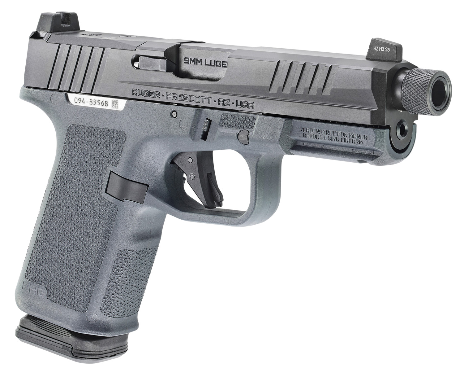 Ruger RXM 9mm Threaded 4.5 in. 15+1 Stealth Gray - Proven Optic-Ready Pistol 5 Ruger RXM 9mm Stealth Gray three quarter view showing threaded muzzle and accessory rail