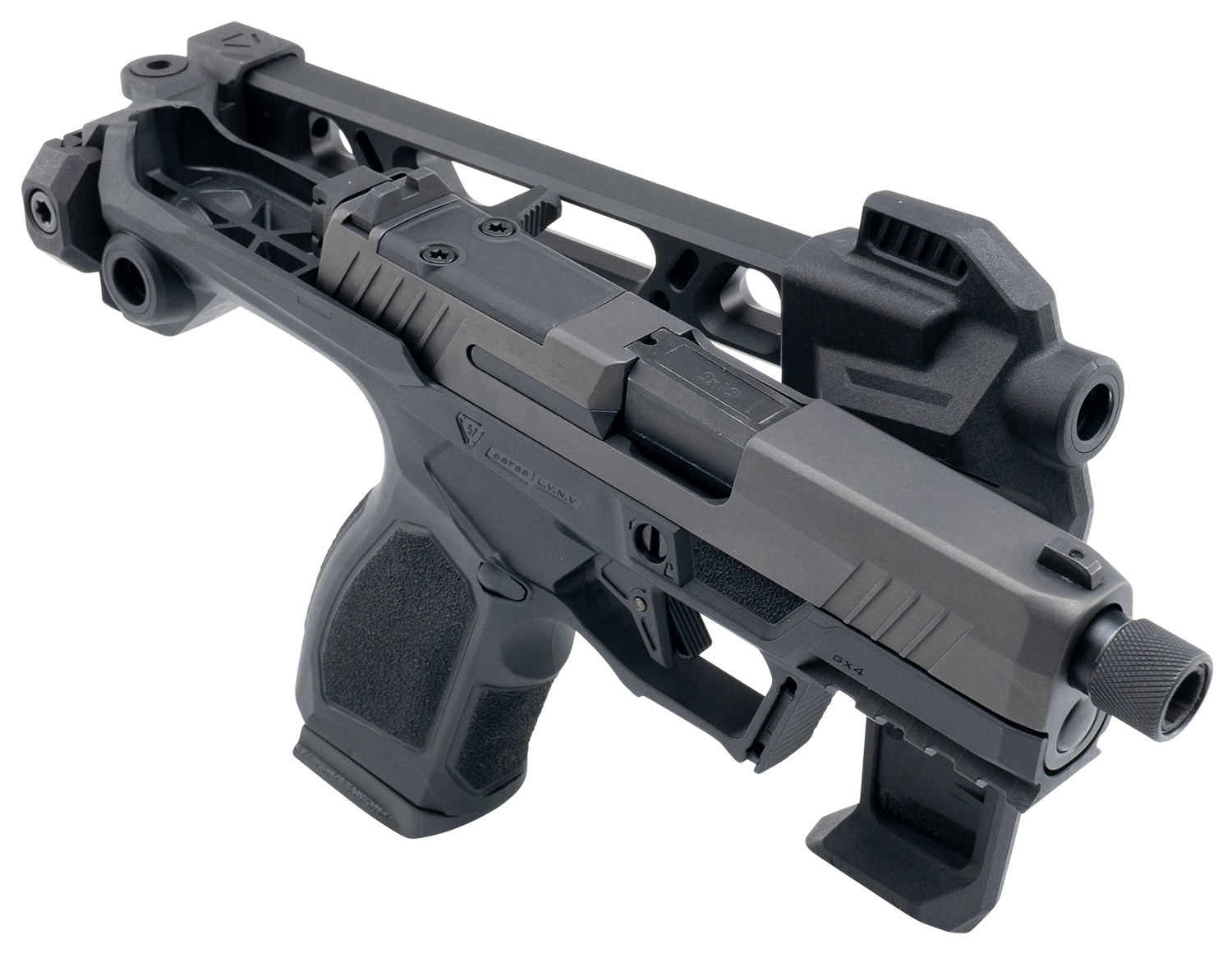Taurus GX4 Strike Industries TORO 9mm 15+1 3.7in — Superb Chassis Pistol 3 Taurus GX4 Strike Industries 9mm pistol in its chassis with the folding brace collapsed, showing the threaded barrel and optic-ready slide