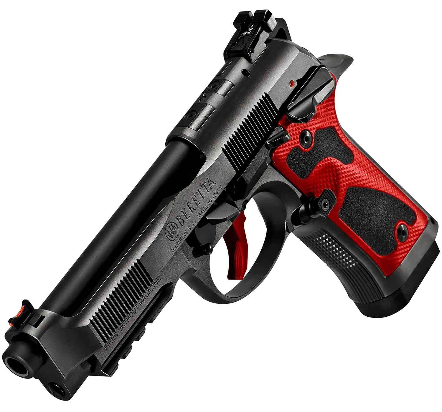 Beretta 92X Performance Carry Optic 9mm 18rd Red — Superb Match Pistol 4 Beretta 92X Performance Carry Optic 9mm pistol with graphite gray steel frame and red and black grips