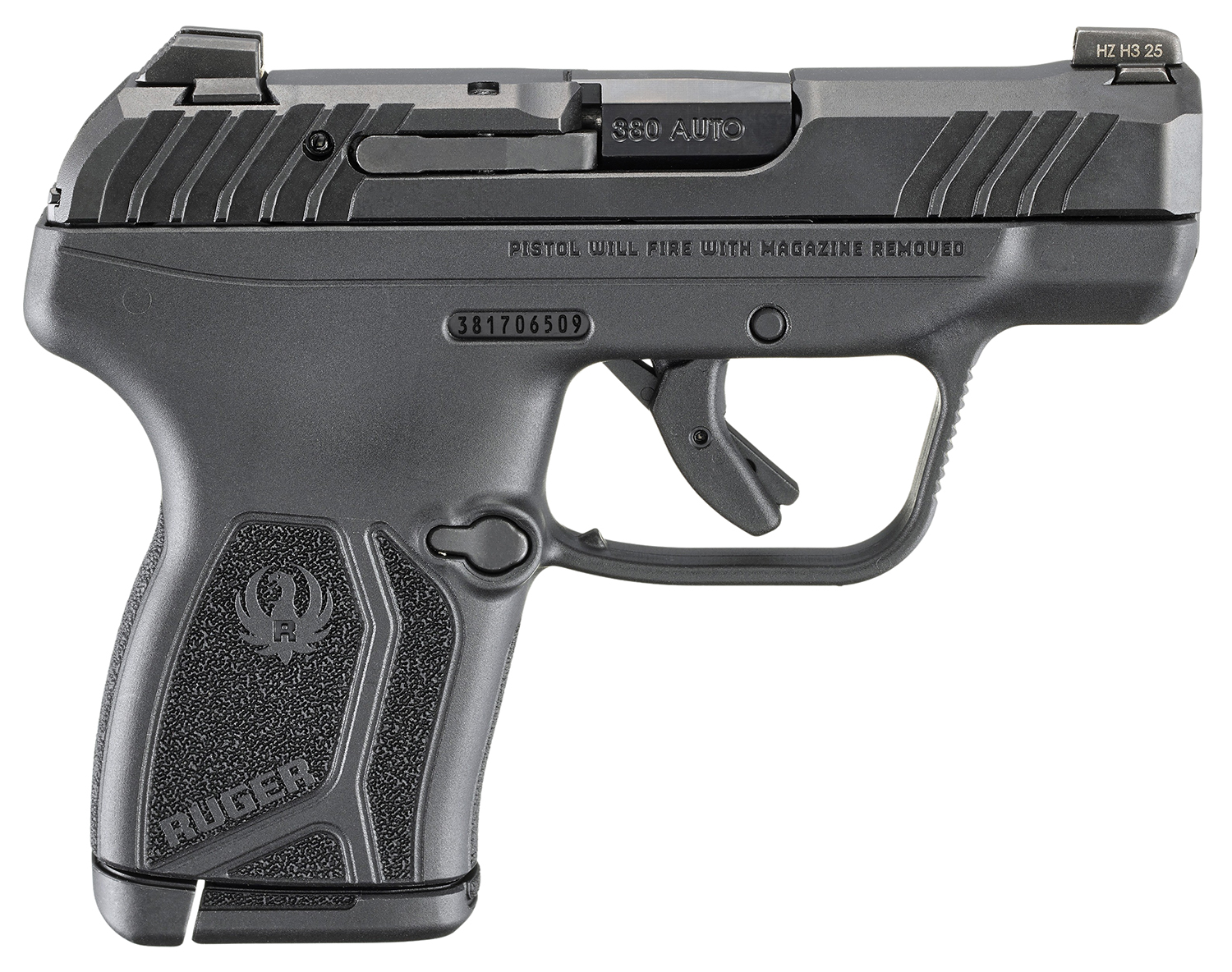Ruger 13760 LCP Max  Compact Frame 380 ACP 10+1 2.80" Black Oxide Alloy Steel Barrel, Black Nitride Alloy Steel Serrated Slide, Black Polymer Frame, Textured Grip, Manual Safety