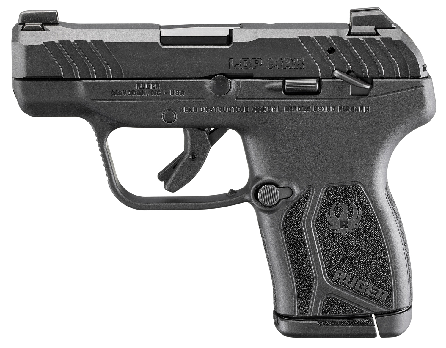 Ruger LCP MAX Manual Safety 380 ACP 10+1 2.8 in. Night Sight - Superb Reliable Pocket Pistol 3 Ruger LCP MAX Manual Safety 380 ACP pocket pistol right side view showing the nitride slide and ten round magazine