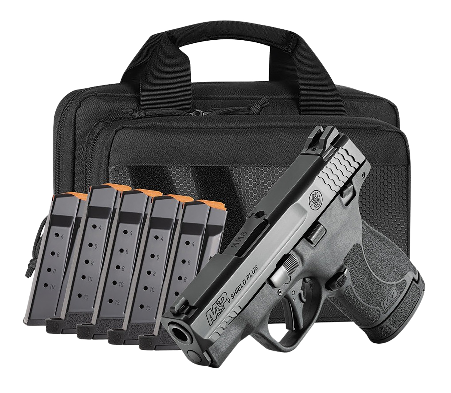Smith & Wesson 14750 M&P Shield Plus Bundle Micro-Compact 9mm Luger 13+1, 3.10" Black Armornite Stainless Steel Barrel & Serrated Slide, Matte Black Polymer Frame,  Thumb Safety, 6 Mags & Bag