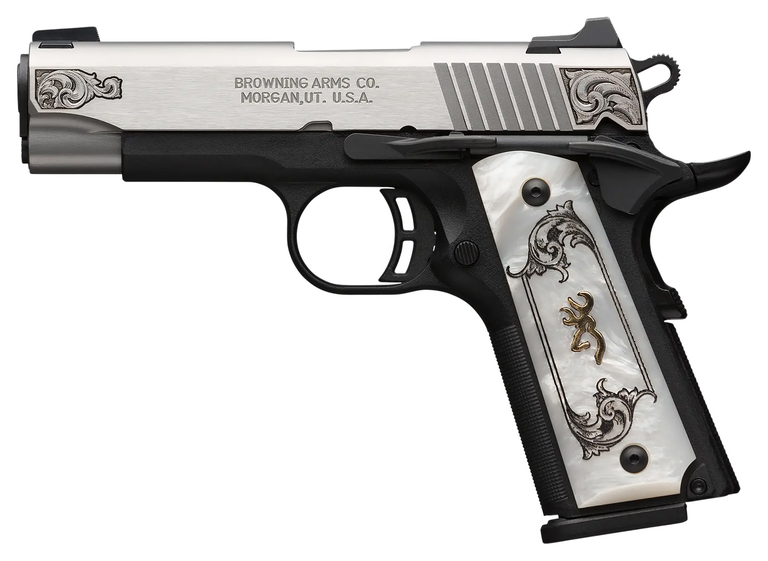 Browning 1911-380 Medallion Compact 380 ACP 3.63" Engraved – Beautiful Pearl Grip Pistol 5 Browning 1911-380 Medallion with white pearl grips