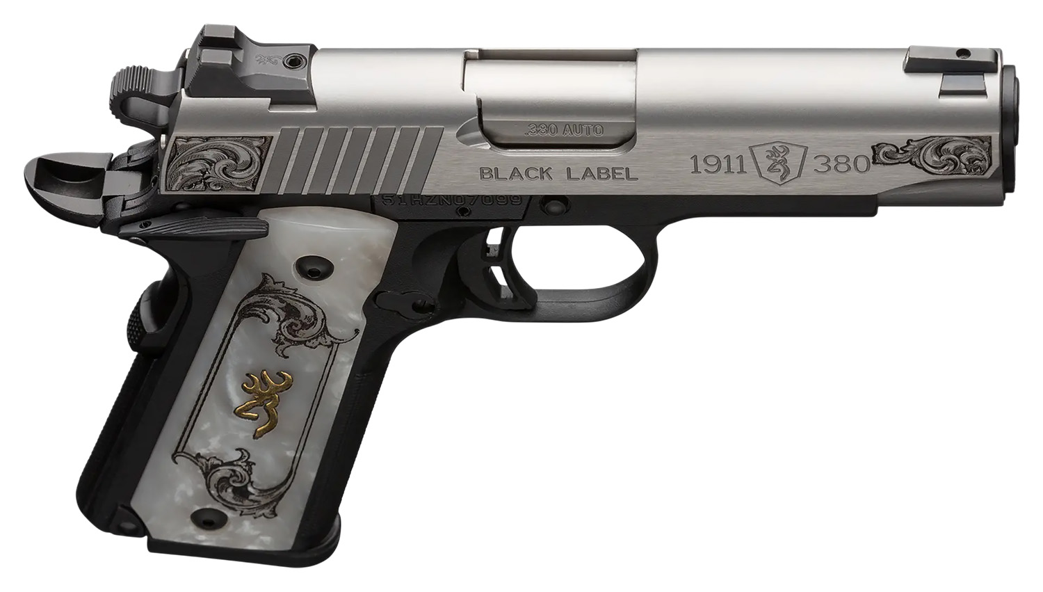 Browning 1911-380 Medallion Compact 380 ACP 3.63" Engraved – Beautiful Pearl Grip Pistol 6 Browning Black Label 1911 380 engraved slide detail