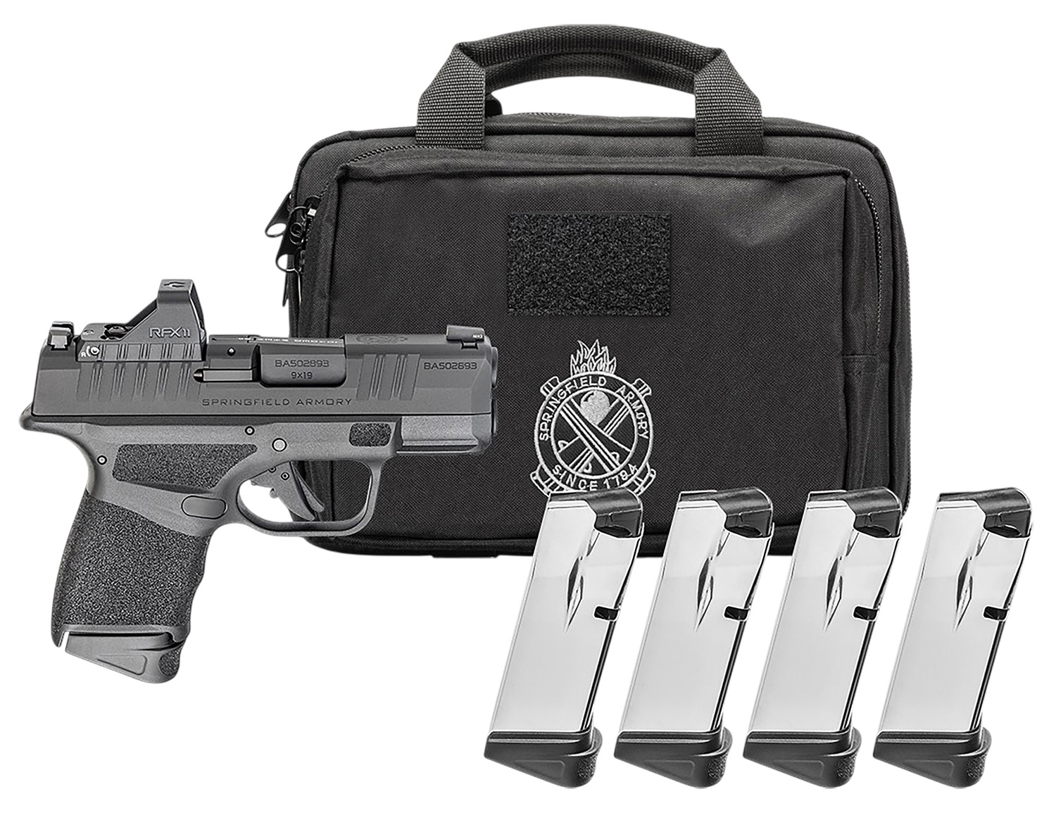 Springfield Gear Pac Hellcat Micro-Compact OSP Handgun .380 Auto 11(1)&13(3)rd Magazine 3 Barrel Green Dot & Bag