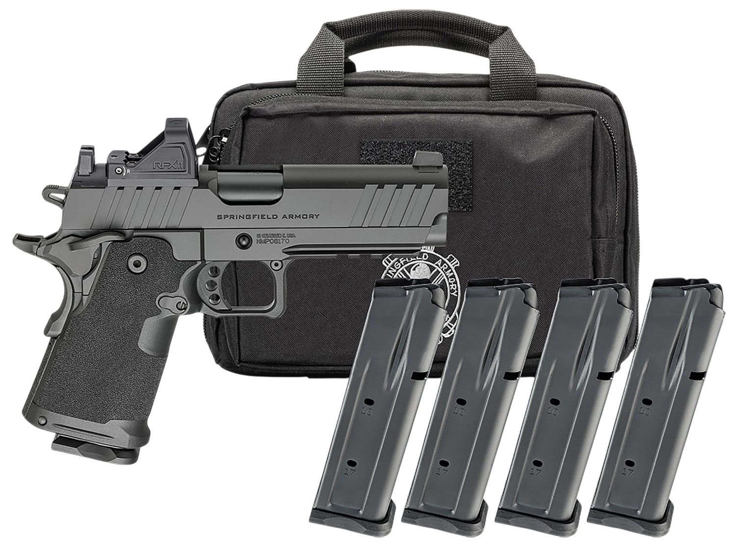 Springfield Armory Gear Pac 1911 DS Prodigy Compact Handgun 9mm Luger 15rd Magazines (4) 4.25 Barrel Black Viridian Green Dot Bag - Springfield Armory - 9mm Luger (9x19 Parabellum)