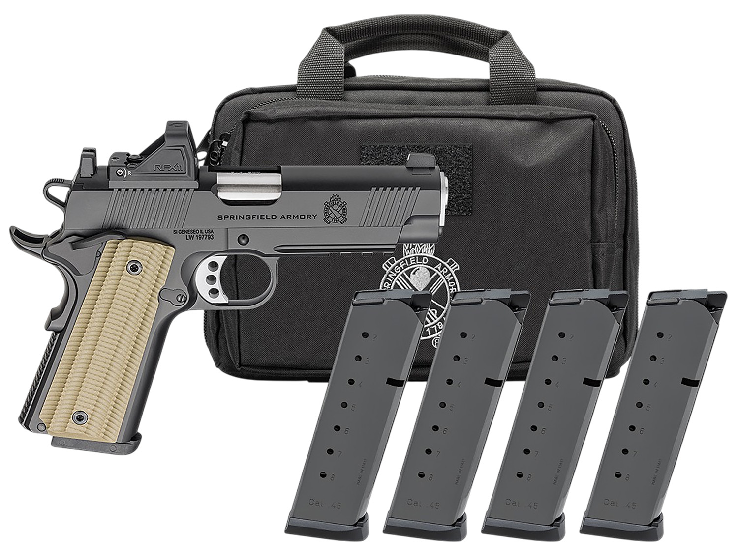 Springfield Gear Pac 1911 Operator AOS Handgun 9mm Luger 9rd Magazines(4) 4.25 Barrel Green Dot & Bag - Springfield Armory - 9mm Luger (9x19 Parabellum)