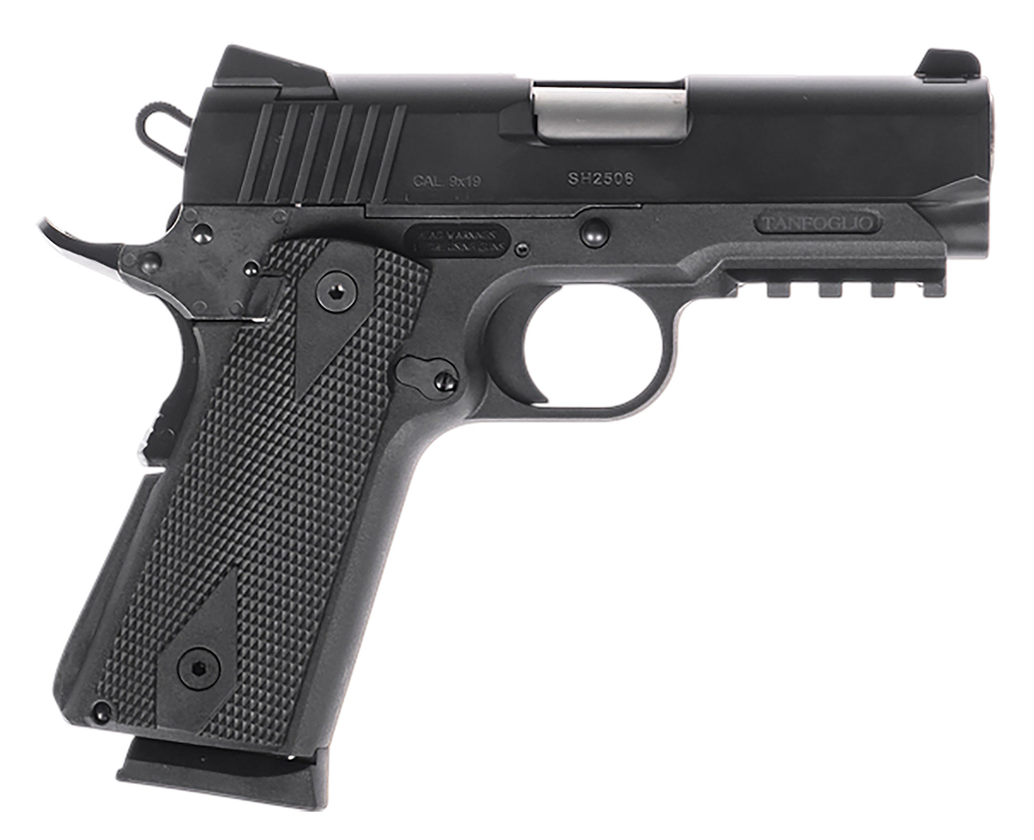Tanfoglio TFPUGIO9 Pugio  Compact 9mm Luger 10+1 3.54" Stainless Bull Barrel, Black Steel Serrated Slide, Black Polymer Frame w/Beavertail & Picatinny Rail, Textured Grip