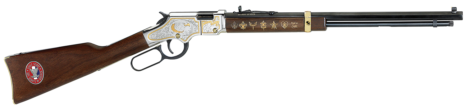 Henry H004ES2 Golden Boy Eagle Scout Tribute 2nd Edition 22 S/L/LR 16+1 20" Blued Octagon Barrel, Nickel Plated w/Selective 24kt Gold Plating Drilled & Tapped Receiver, American Walnut Straight