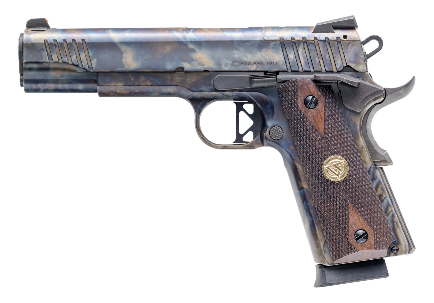 Chiappa Firearms 440235 1911 Superior Full Size Frame 45 ACP 8+1 5" Color Case Hardened Optic Ready/Serrated Slide & Frame,  Walnut Grip, RMR/RMSc Footprint