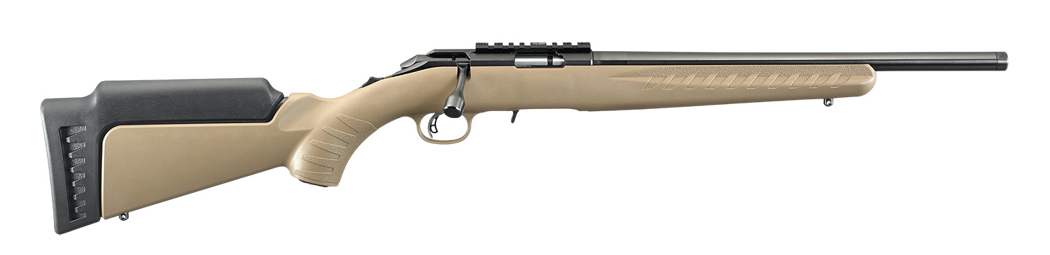 Ruger 8358 American Rimfire 22 LR 10+1 16" Satin Blued Threaded Barrel & Alloy Steel Receiver w/Picatinny Rail,  Black/FDE High Comb Synthetic Stock, Thread Protector
