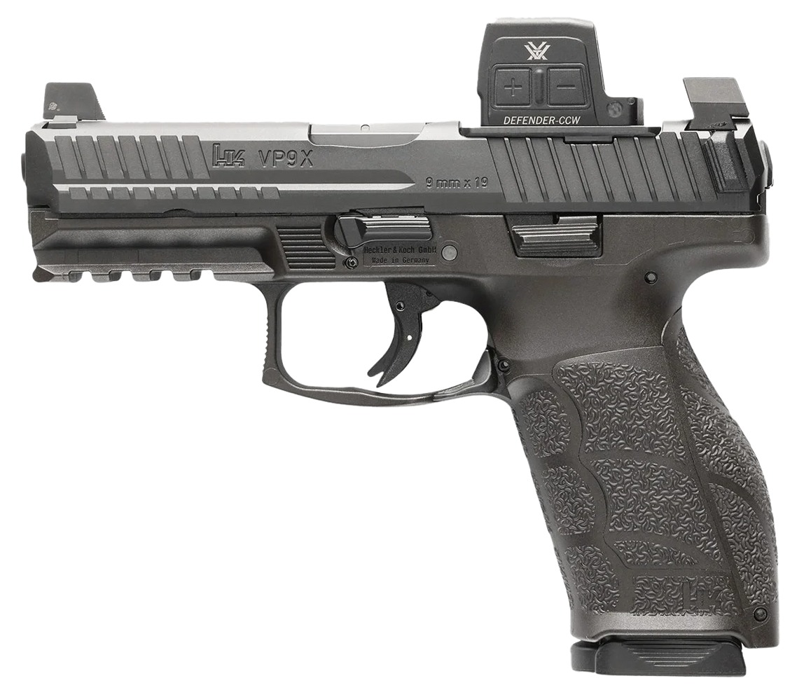 Heckler & Koch VP9A1 X Crossover, Semi-automatic, Striker Fired, Polymer Frame Pistol, Compact, 9MM, 4.09 Barrel, Matte Finish, Black, Front Tritium Night Sight, 2 Magazines, 10 Rounds, Includes Vortex Defender Closed Emitter Red Dot Sight 81001356