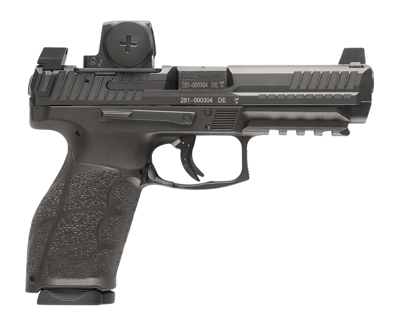 Heckler & Koch VP9A1 F, Semi-automatic, Striker Fired, Polymer Frame Pistol, Full Size, 9MM, 4.5 Barrel, Matte Finish, Black, Front Tritium Night Sight, 2 Magazines, 10 Rounds, Includes Vortex Defender Closed Emitter Red Dot Sight 81001352