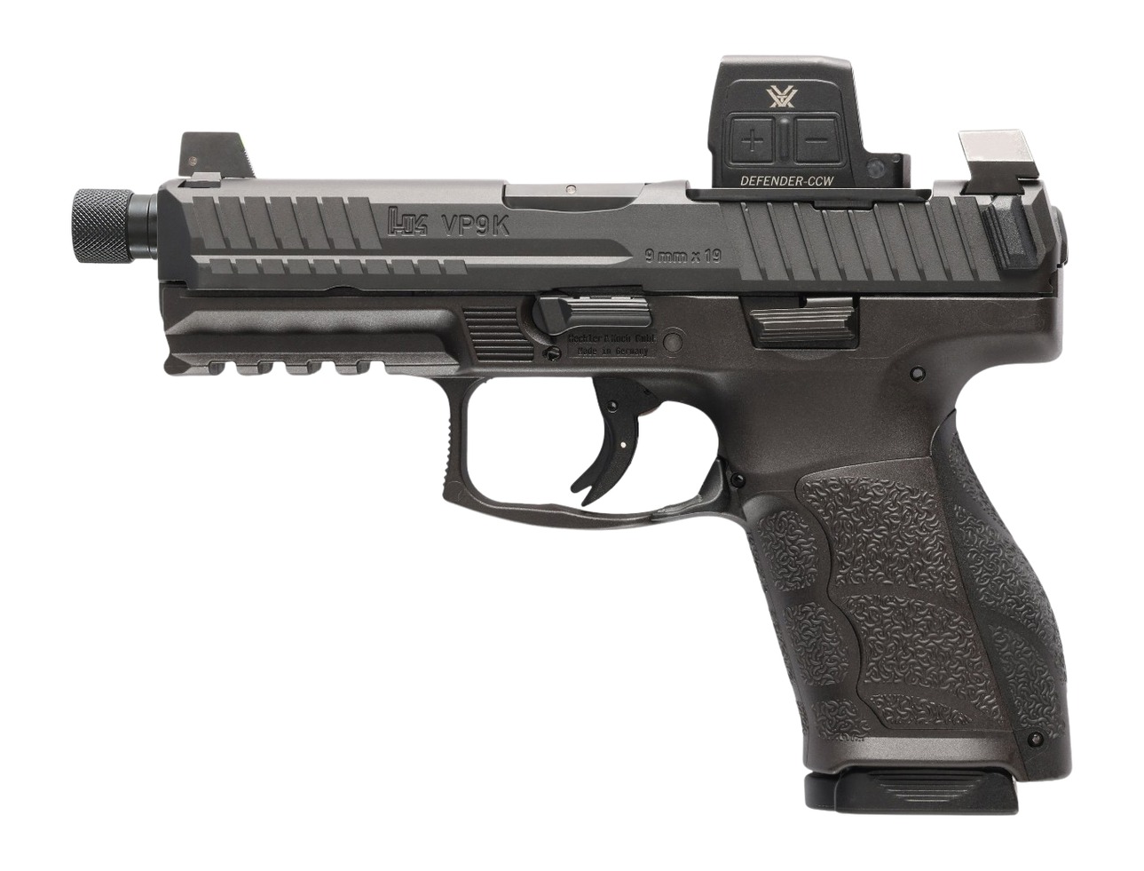 Heckler & Koch VP9A1 K Tactical, Semi-automatic, Striker Fired, Polymer Frame Pistol, Compact, 9MM, 4.7 Threaded Barrel, M13.5X1 LH Thread Pitch, Matte Finish, Black, Suppressor Height 3-Dot Sights, Tritium Front Sight, Optics Ready, 10 Rounds, 2 Mag