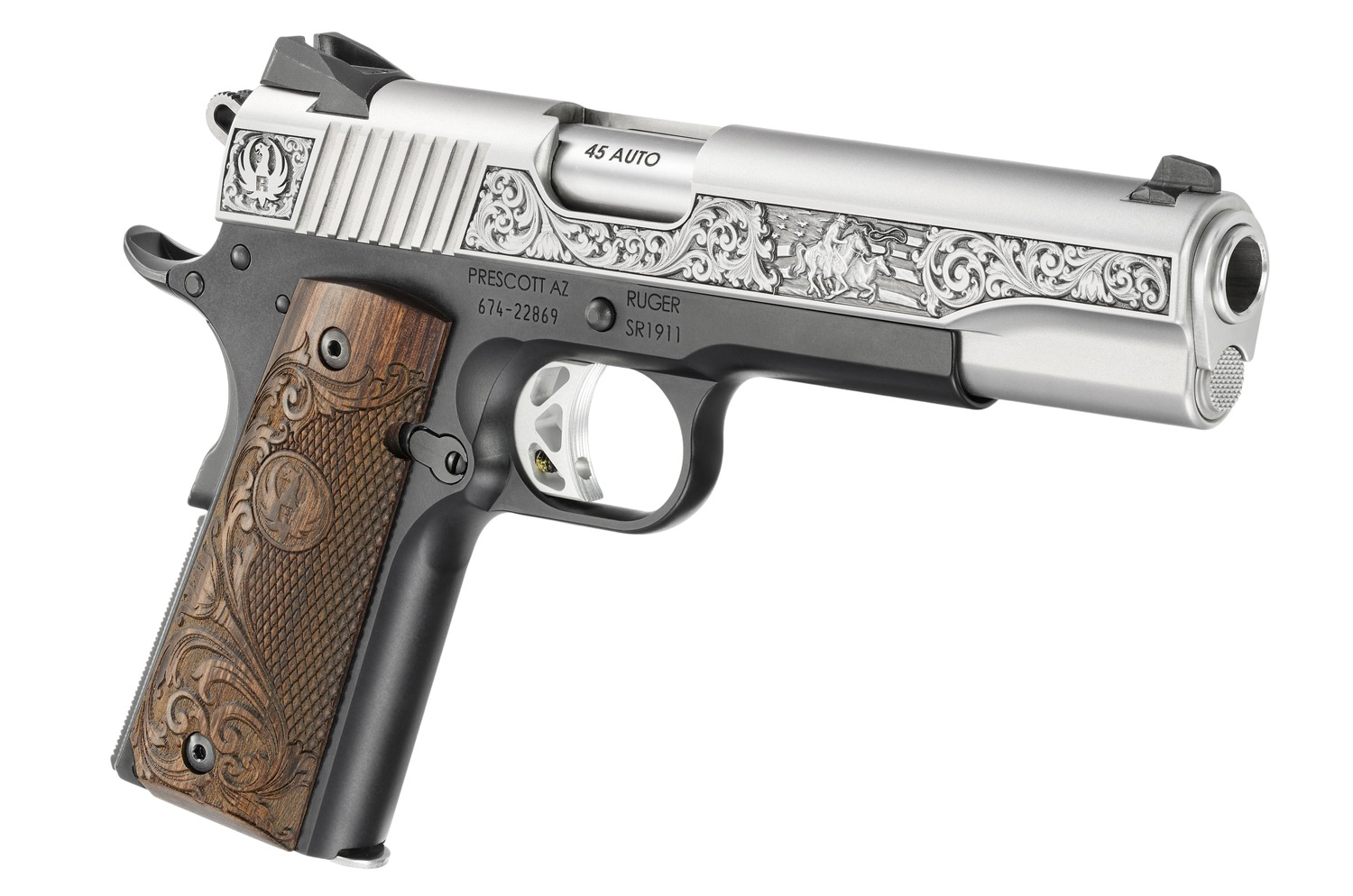 Ruger SR1911 45 ACP 8+1 5 in. Engraved Stainless Slide Wood Grips - Superb Reliable 1911 4 Ruger SR1911 45 ACP three quarter view showing the engraved stainless slide black aluminum frame and engraved wood grips